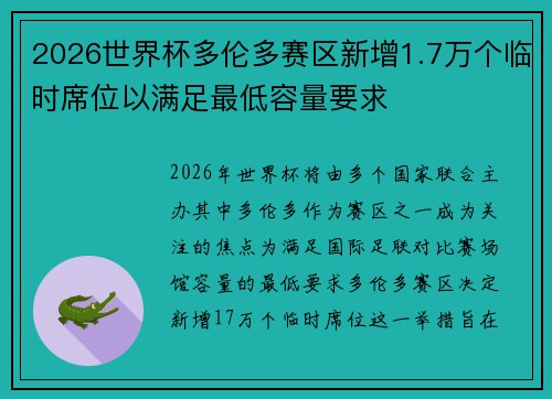 2026世界杯多伦多赛区新增1.7万个临时席位以满足最低容量要求